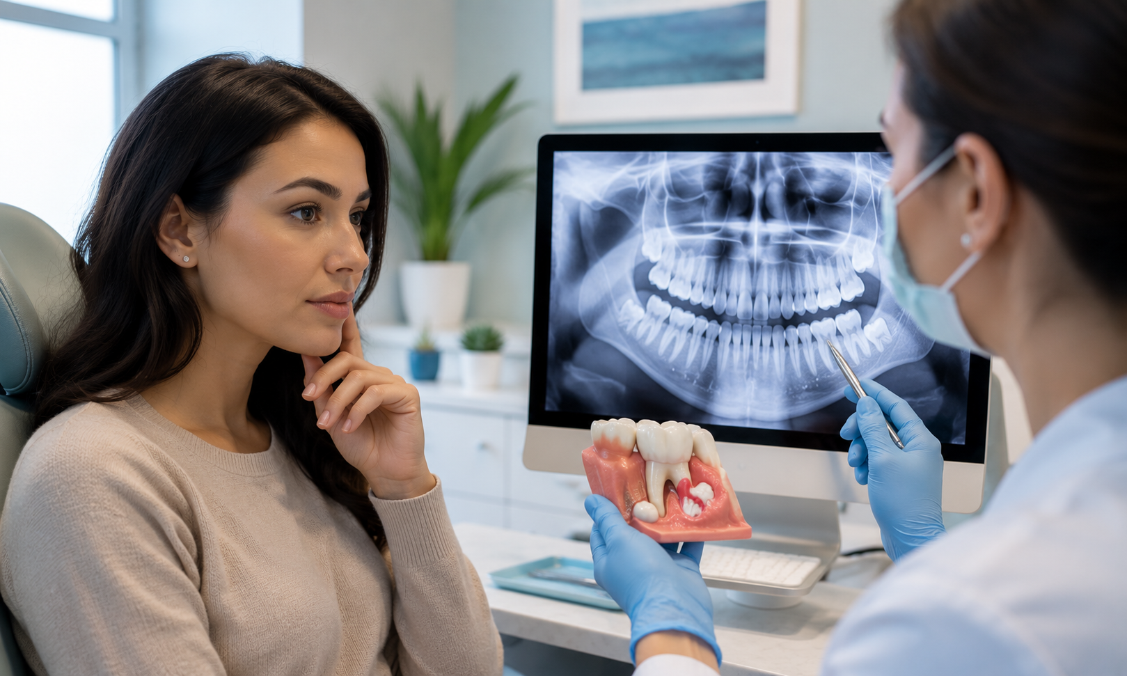 Dentist discussing oral surgery treatment options with patient while reviewing dental X-rays