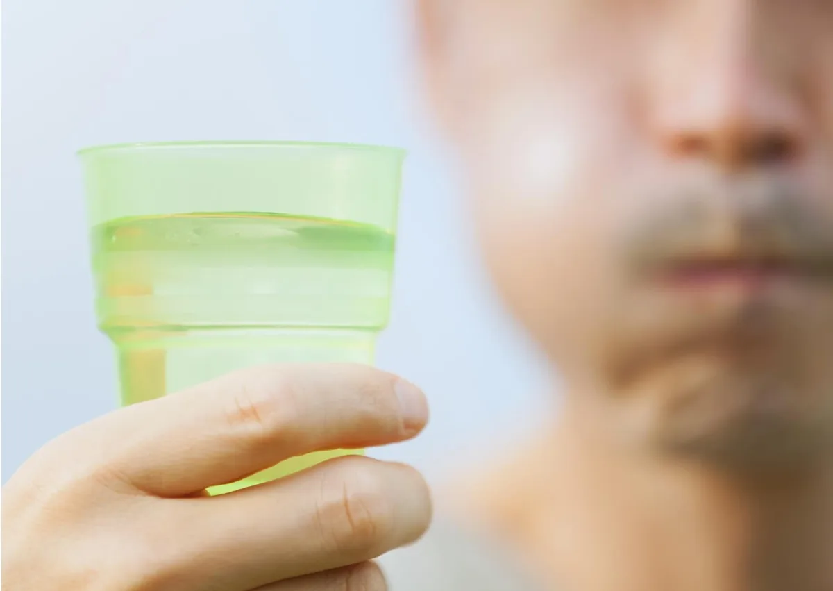 Person holding a glass of salt water for a salt water rinse to help soothe and heal gums.