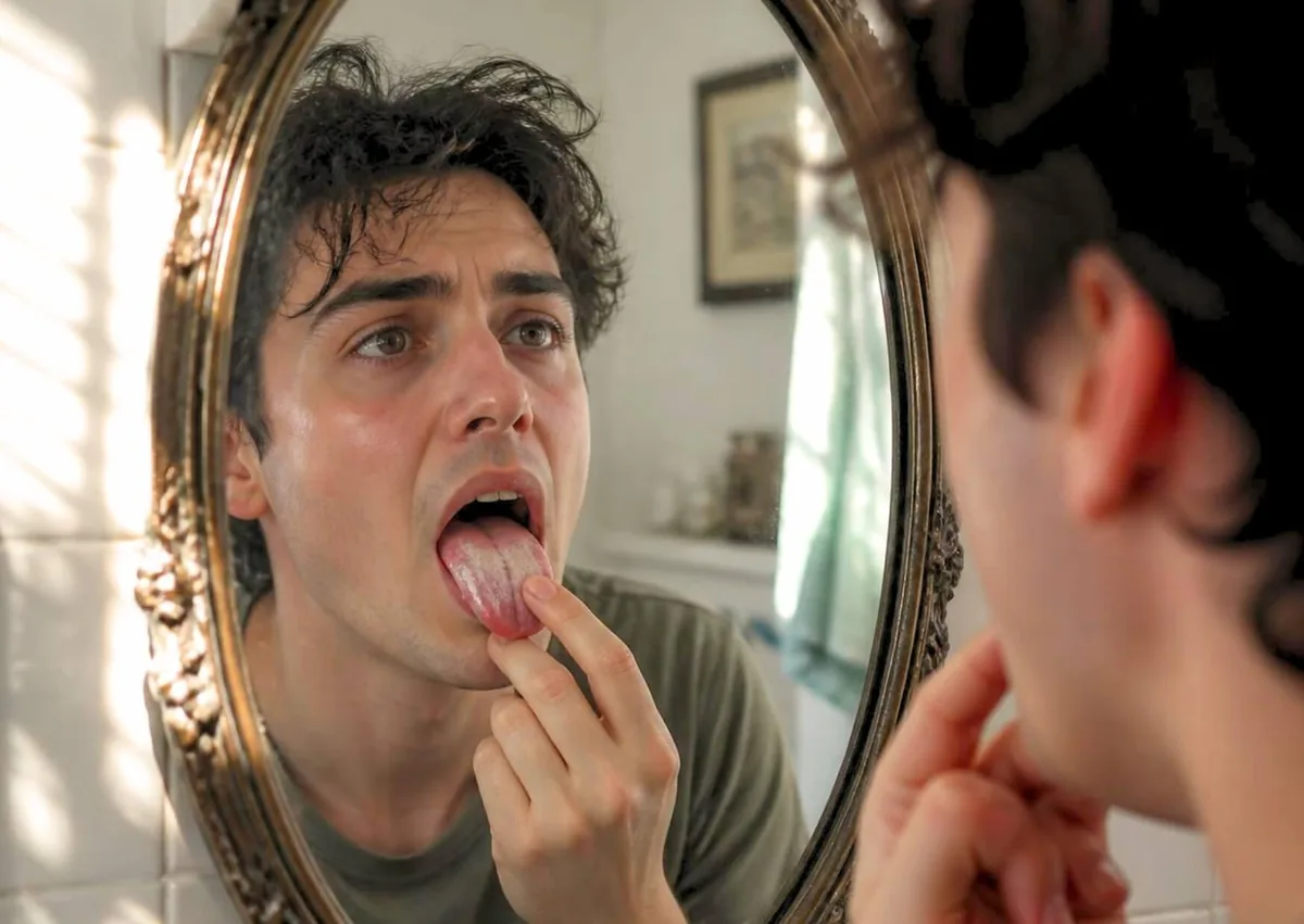 Man checking his tongue in a mirror for white patches that may be associated with oral thrush.